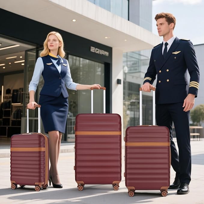 Kono Luggage Set 3 Pieces Expandable PC ABS Durable Suitcase Hardside with Double Spinner Wheels Tsa Lock Burgundy(20in/24in/28in)
