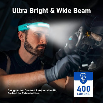 Rechargeable LED Headlamp (Blue), 400 Lumens, 230° Wide Beam, USB-C, IPX4, 5 Modes — Lightweight, Adjustable Headband; Hard Hat Clips for Camping, Hiking, Running & Repairs, Gift