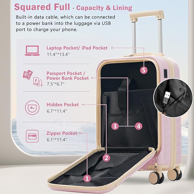 Merax Luggage Sets 2 Piece Front Opening, Hardside Lightweight Carry on Suitcase with USB Port,Durable Expandable Luggage with Bags Spinner Wheels and TSA Lock,Pink