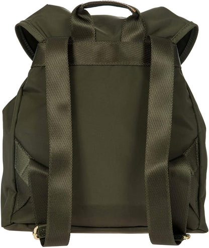 Bric's X-Travel Piccolo City Backpack 10", Water-Resistant Satin Nylon Daypack with Leather Details, Drawstring Closure, Adjustable Straps and Multi-Pocket Organization - Olive