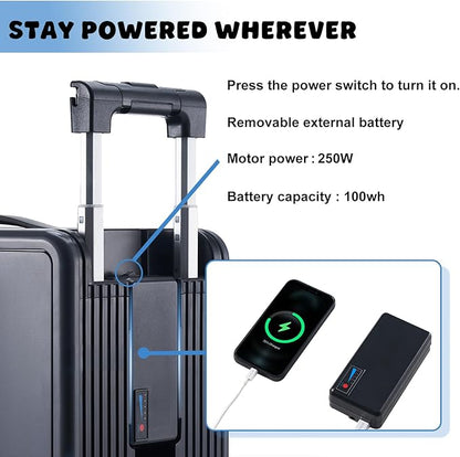 Smart Rideable Carry-On Luggage, Rideable luggage-Roller Suitcase with 100 Wh Removable Battery, Zipperless Hardside Cabin Luggage with ABS+PC hardshell,USB Port, Airline-Approved 22 in