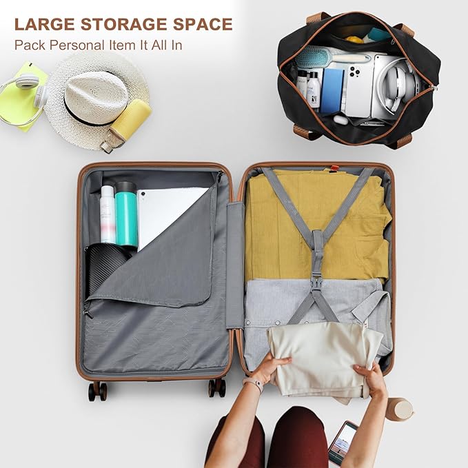 Kono Luggage Set 4 Piece Carry On Hardside Luggage with TSA Lock Spinner Wheels Lightweight PC+ABS Carry On Suitcase Apricot Black