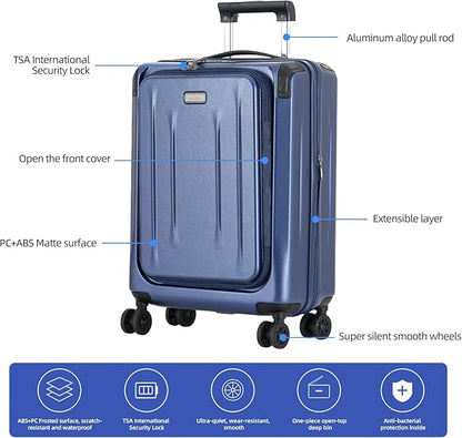 Carry On Luggage, 20 Inch Top Opening Aluminum Frame Lightweight Airline Approved ABS+PC Hard Shell Suitcases with Silent Wheels, TSA Lock, Front Pocket & Wet-dry Separated Six-piece Set (Dark Blue)