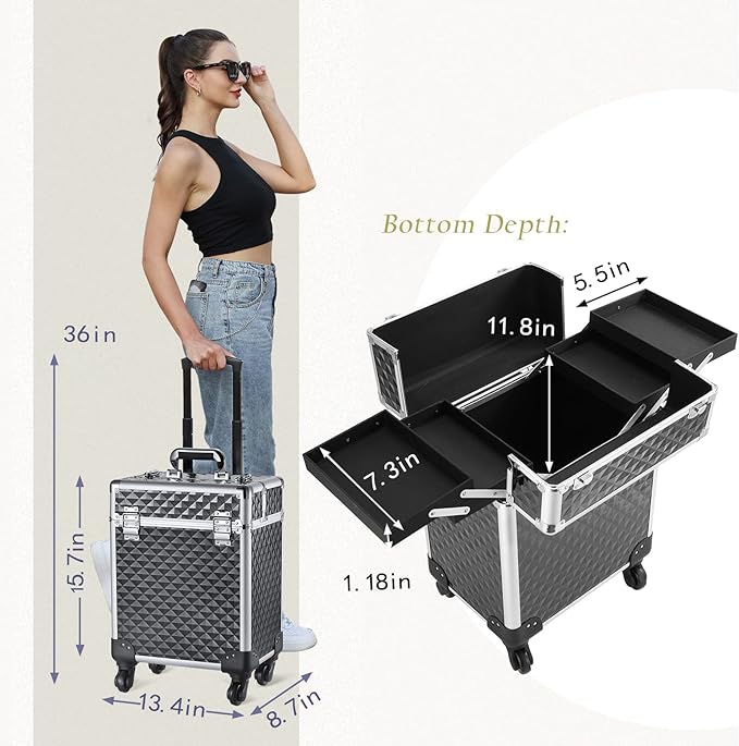 Rolling Makeup Train Case Large Cosmetic Trolley Organized Aluminum Barber Case for Hairstylist Makeup Nail Tech Salon with Keys Swivel Wheels Traveling Cart Trunk - Black