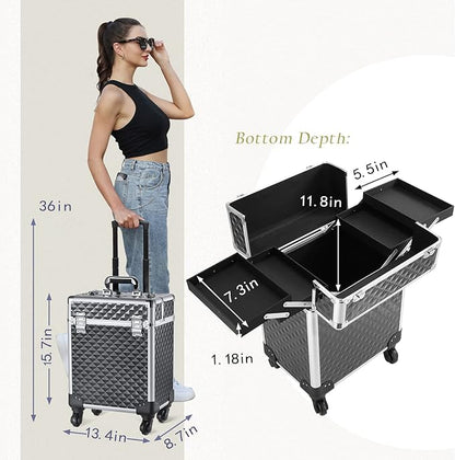 Rolling Makeup Train Case Large Cosmetic Trolley Organized Aluminum Barber Case for Hairstylist Makeup Nail Tech Salon with Keys Swivel Wheels Traveling Cart Trunk - Black