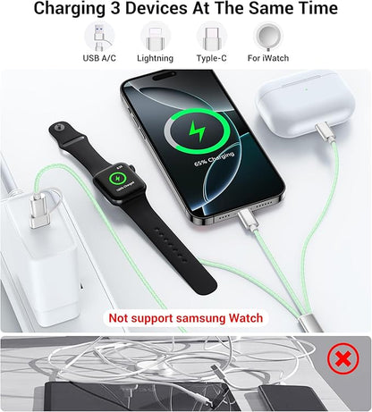 Temdan for Travel Vacation Essentials,3 in 2 USB C Cable for Apple Watch Charger/iPhone 16 Charger/Lightning,Multi Charging Cable Cord,Camping Essentials,Designed for iWatch & iPhone 16-12-4FT Green