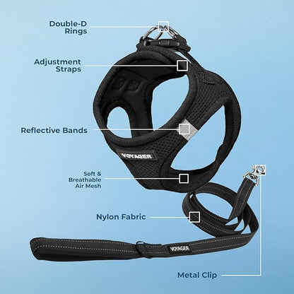 Voyager Step-in Air All Weather Mesh Harness and Reflective Dog 5 ft Leash Combo with Neoprene Handle, for Small, Medium and Large Breed Puppies by Best Pet Supplies - Set (Black), XS