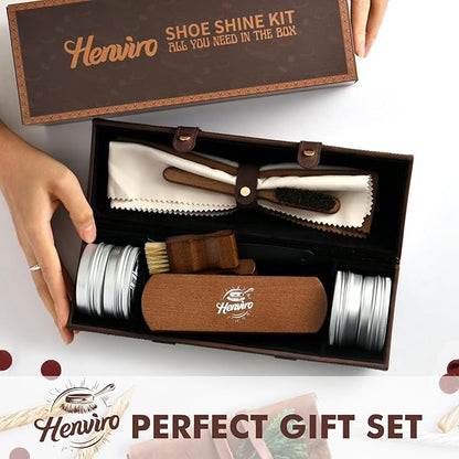Henviro Leather Shoe Polish Kit - Birthday Gifts for Men, Leather Boot Care Kit, Dad, Shoe Shine Kit, Mens Gifts Idea