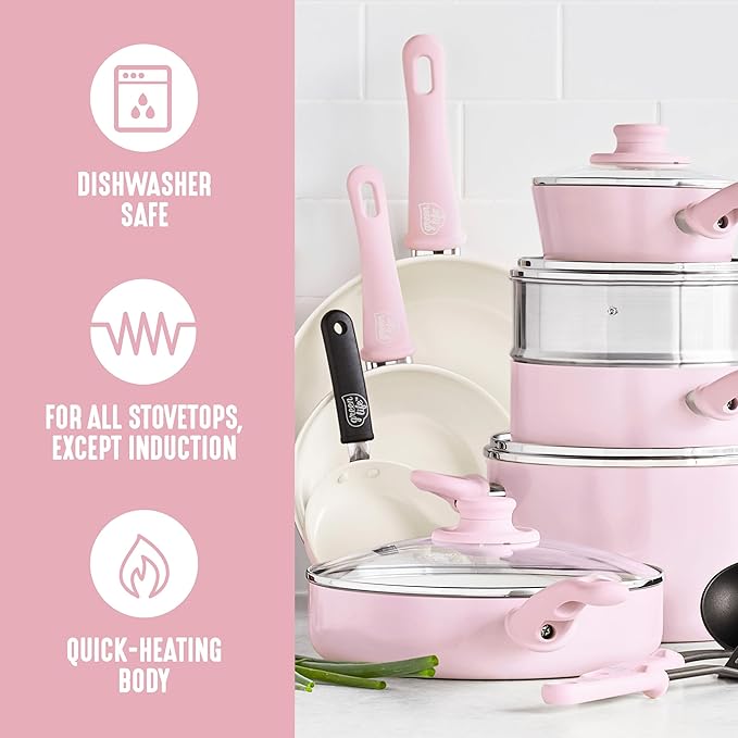 GreenLife 16 Piece Nonstick Cookware Set, Soft Grip Non-Toxic PFAS-Free Ceramic Pots & Pans, Dishwasher & Oven Safe, Frying, Sauce, Saute, Utensils, Glass Lids, Stay-Cool Handles, Wobble Free, Pink
