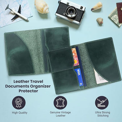Leather Passport Holder with Travel Wallet, Genuine Leather Passport Cover- Passport Wallet, Leather Folding Wallet for Passports (Oval Cut, Green)