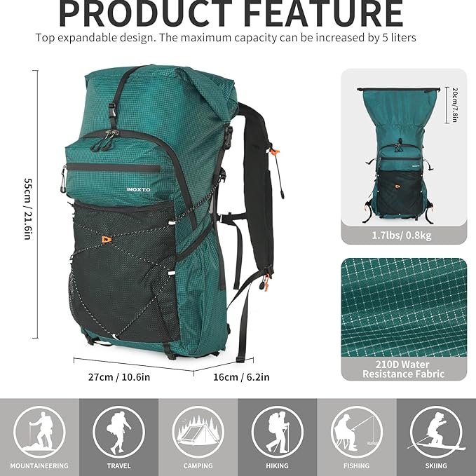 IX INOXTO Hiking Backpack for Men and Women, 30L Waterproof Camping Backpack with 3L Water Bladder and Rain Cover, Lightweight Outdoor Sport Travel Daypack Rucksack for Climbing Cycling (Dark green)