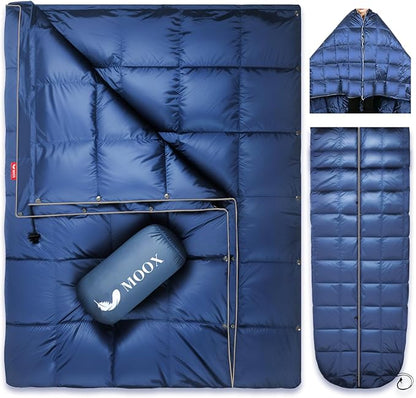 MOOX Down Camping Blanket Packable Backpacking Camping Quilt Outdoor Lightweight Warm Water Resistant Puffy Sleeping Bag Travel Hiking 55"x79" Waterproof Camp Throw Blanket, Blue Gray
