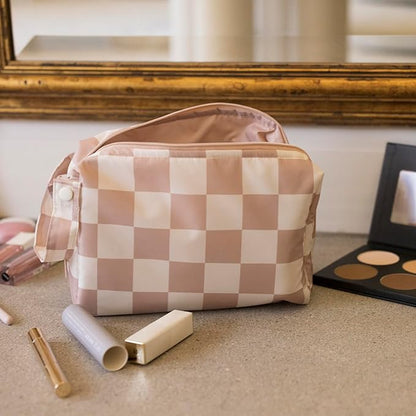 Tiny Twinkle Waterproof Travel Toiletry & Makeup Bag Organizer | Makeup Pouch with Multiple Compartments & Snap Handle for Travel | Gift for Teen Girls and Women（Beige Checkers