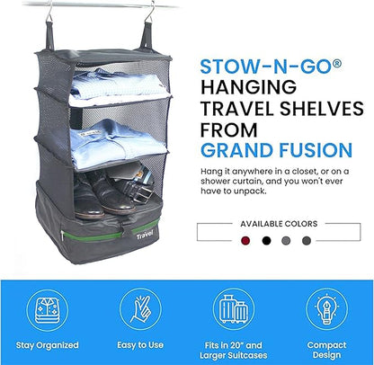 Grand Fusion Stow-N-Go Travel Luggage Organizer – Portable Hanging Travel Shelves, Carry-On Closet Organizer, Hanging Packing Cubes, Collapsible Carry-On Organizer for Cruises & Hotels. Dark Gray - L