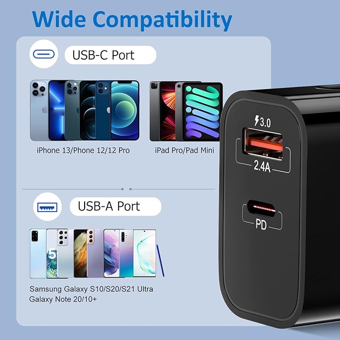 20W USB C Fast Charger+Quick Fast Charger 3.0 Wall Charger, Bangfun 5 Pack Dual Port PD Fast Charging Block Power Adapter Compatible iPhone 17/16/15/14/13/12/11 Pro Max/XS/SE/Plus, Samsung S20 (Black)