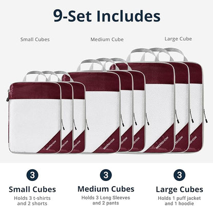 9 Set Compression Packing Cubes for Travel - Compressible, Lightweight, and Space-Saving Packing Cubes, Travel Essentials for Women, Wine
