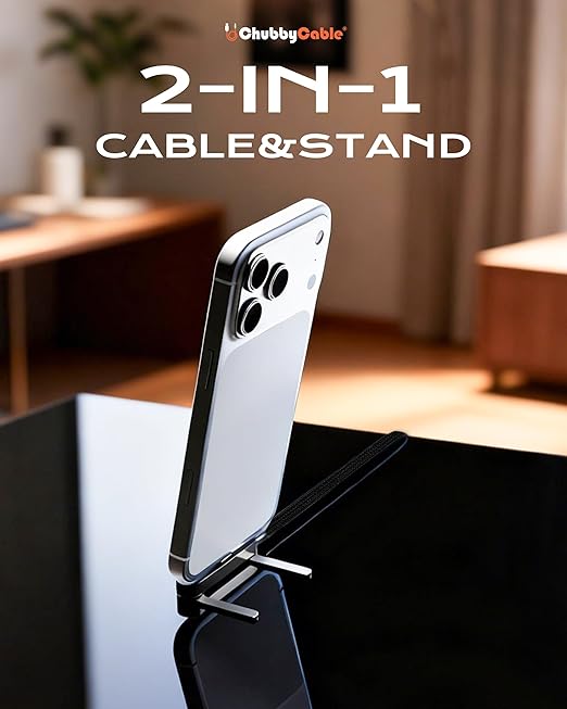 chubbycable StandLite 65W Braided Fast Charge Cable with Built-in Phone Stand T-Shaped Foldable Durable USB A-C Cord 90 Degree USB C Cable Right Angle Multi-Functional Charger Cord, Black, 4.9FT