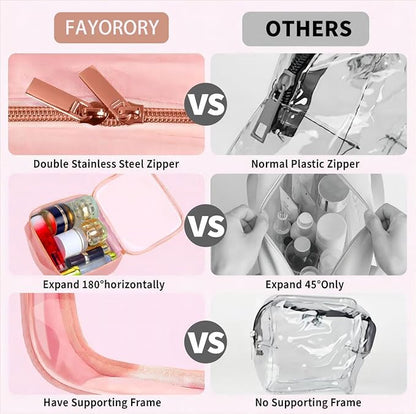 TSA Approved Travel Toiletry Bag,2 Pack Clear Makeup Bags with Handles,Quart Size Clear Cosmetic Bags for Traveling Women,Men,Carry on Airport Airline Compliant Bag,Pink