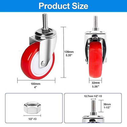 4 inch Stainless Steel Caster Wheels Heavy Duty, 1/2"-13x1-1/2 Threaded Stem Casters Set of 4, Rust Resistant, Non-Marking Polyurethane PU Wheels for Hospital, Lab, Furniture, Restaurant