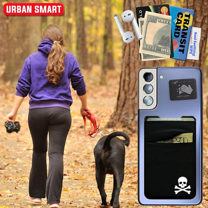 Gecko Travel Tech Double Pocket - Adhesive Card Holder - Cell Phone Pouch - Stick on Spandex Pocket - Carry Credit Cards and Cash - Skull