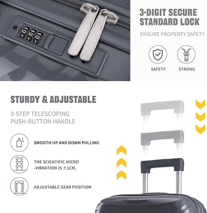 LARVENDER Luggage Sets 3 Piece, Hardside PP Carry On Luggage Suitcase with 360° Spinner Wheels Suitcase Sets for Women Men, Dark Grey