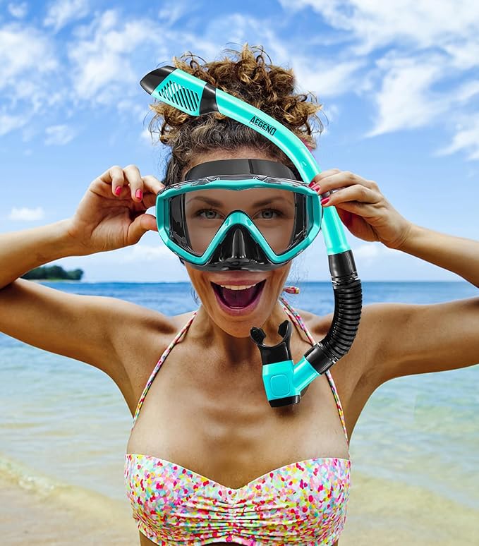 Aegend Snorkeling Gear for Adults Youth Kids, Dry Snorkel Set Panoramic View Enhanced Anti-Leak and Anti-Fog Technology, Adjustable Strap for Snorkeling Scuba Diving Swimming with Mesh Bag