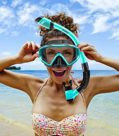 Aegend Snorkeling Gear for Adults Youth Kids, Dry Snorkel Set Panoramic View Enhanced Anti-Leak and Anti-Fog Technology, Adjustable Strap for Snorkeling Scuba Diving Swimming with Mesh Bag