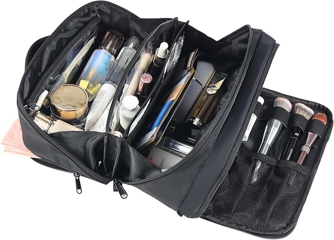 Travel Makeup Bag Large Capacity Cosmetic Organizer Bag for Women,Flat-Opening Make Up Case Travel Bag Waterproof Toiletry Bag for traveling,Toiletries,Essentials,Accessories,Black