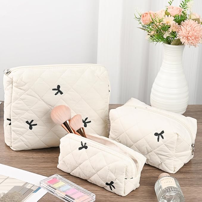 Quilted Makeup Bag Set,3 Pcs Puffy Cosmetic Bags Aesthetic Make Up Bags,Small Zipper Pouch,Travel Toiletry Bag Purse Organizer Pouches for Women (White-Bow)