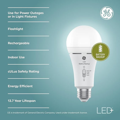 GE LED+ Backup Battery LED Light Bulbs, A21 Rechargeable Light Bulbs for Power Outages and Emergencies, Flashlight, 3 Color Temperatures (2 Pack)