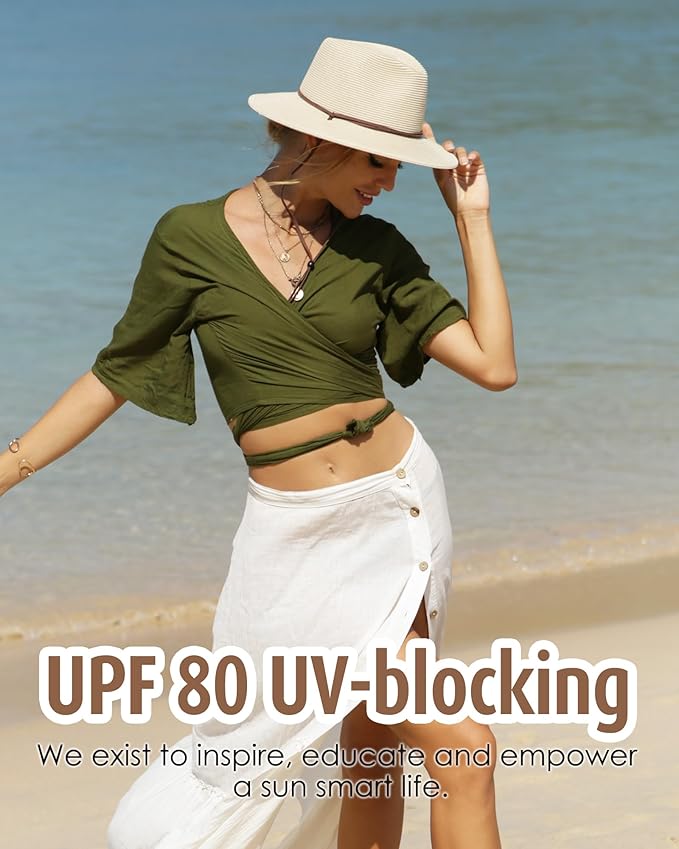 FURTALK Womens Summer Straw Sun Hats Wide Brim Panama Fedora Beach Hat with Wind Lanyard UPF 80+