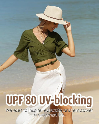 FURTALK Womens Summer Straw Sun Hats Wide Brim Panama Fedora Beach Hat with Wind Lanyard UPF 80+