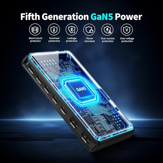455W GaN5 7-Port Slim Design Charging Station + 240W 6.6 ft Data Cable, Compatible with Phones, Tablets, Laptops, Smart Wearables, and Gaming Devices