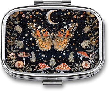 Metal 2 Compartment Pill Organizer Travel Friendly Portable Compact Pill Box Cute Pill Case,for Pocket Wallets Daily Portable Medicine Vitamin Tablet Storage (Butterfly)