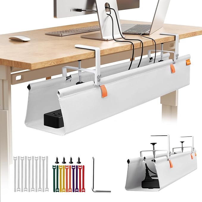 Under Desk Cable Management Tray, No Drill Desk Cord Organizer with Clamp, 28" Fabric Cable Management for Standing Desk Office & Home, White