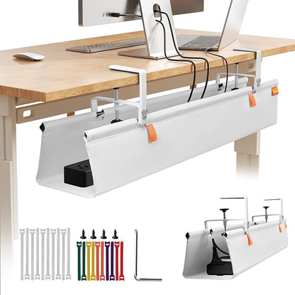 Under Desk Cable Management Tray, No Drill Desk Cord Organizer with Clamp, 48" Fabric Cable Management for Standing Desks Office & Home, White