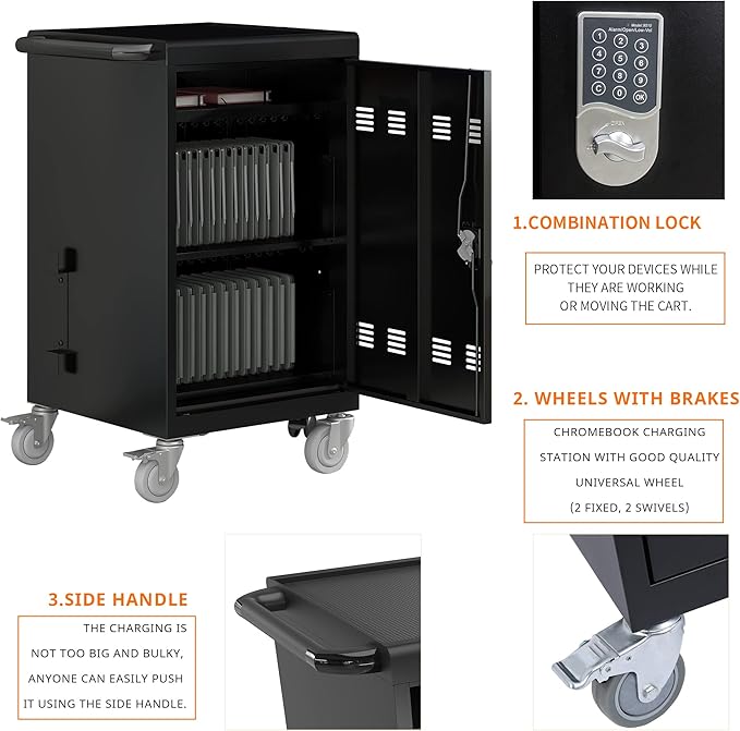 32 Device Mobile Charging Cart with Combination Lock, Mobile Ipad Cart for iPads, Chromebooks and Laptop Computers, Locking Charging Station with Lock & Key for The Front Back Door, Surge Protection