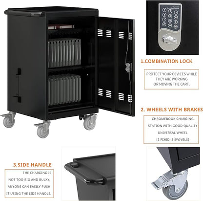 32 Device Mobile Charging Cart with Combination Lock, Mobile Ipad Cart for iPads, Chromebooks and Laptop Computers, Locking Charging Station with Lock & Key for The Front Back Door, Surge Protection