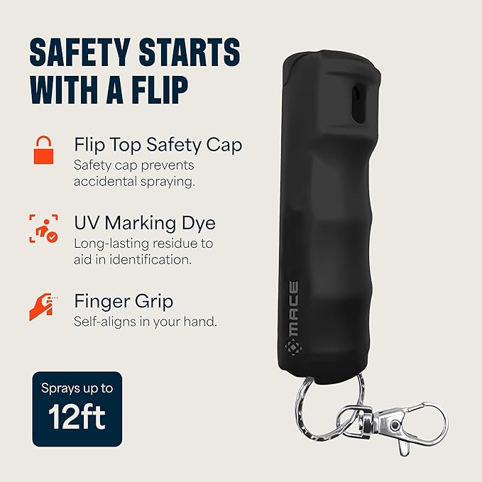 Mace Pepper Spray - Maximum Police Strength OC with UV Dye, Fast Flip Top, Ergonomic Finger Grip, Easy Carry Keychain, 12 Feet Range, 0.42 oz Compact Model, Self Defense Pepper Spray for Women & Men