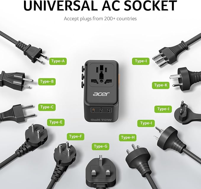Acer 70W GaN Universal Travel Plug Adapter - International Power Adapter with 3 USB C & 1 USB A, Worldwide Power Outlet Travel Essentials for USA to European UK AUS Ireland, Type C/G/I/A, Black
