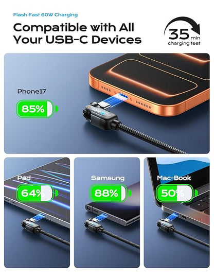 AUFU PD 60W USB C to USB C Cable 10ft(1Pack), Double 180° +360°Rotation/C to C Fast Charging/Type C to Type C Cable/10ft USB C Cable for 1Phone 17/16/15/Ma-Book/Pad Series, Samsung Galaxy Series