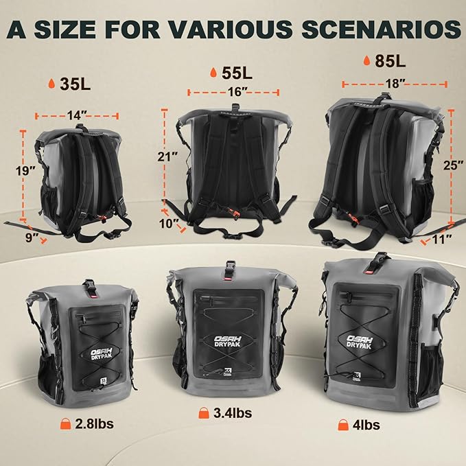Waterproof Backpack Dry Bag 35L/55L/85L – Heavy Duty Roll-Top Hiking Backpack for Travel, Kayaking, Boating, Camping, Rafting and Fishing