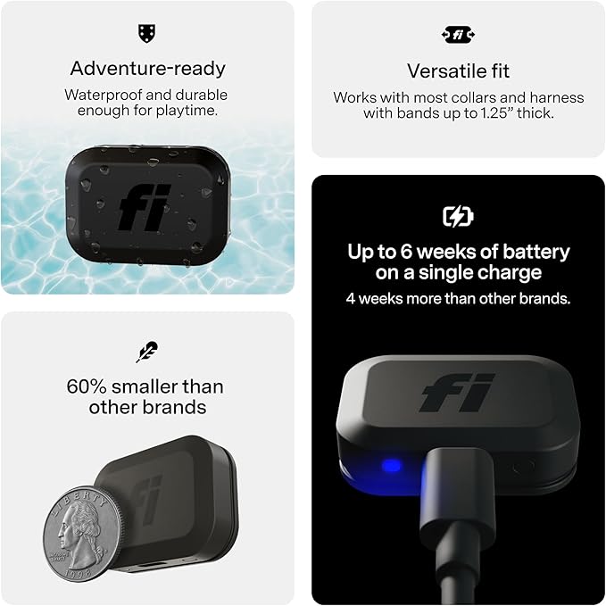 Fi Mini GPS Tracker for Dogs — 12-Month Membership Included — Smart Pet Tracking Collar Attachment — Lightweight, Virtual Fences, Escape Alerts, Step & Health, Waterproof