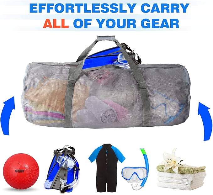 Grey Heavy-Duty Large Mesh Sports Duffle Bag, Dry Bag, Diving Equipment Scuba Bag with Zipper. Great for Gym Workout, Sport Balls Storage, Scuba Gear, Snorkeling, Water Sports and Travel