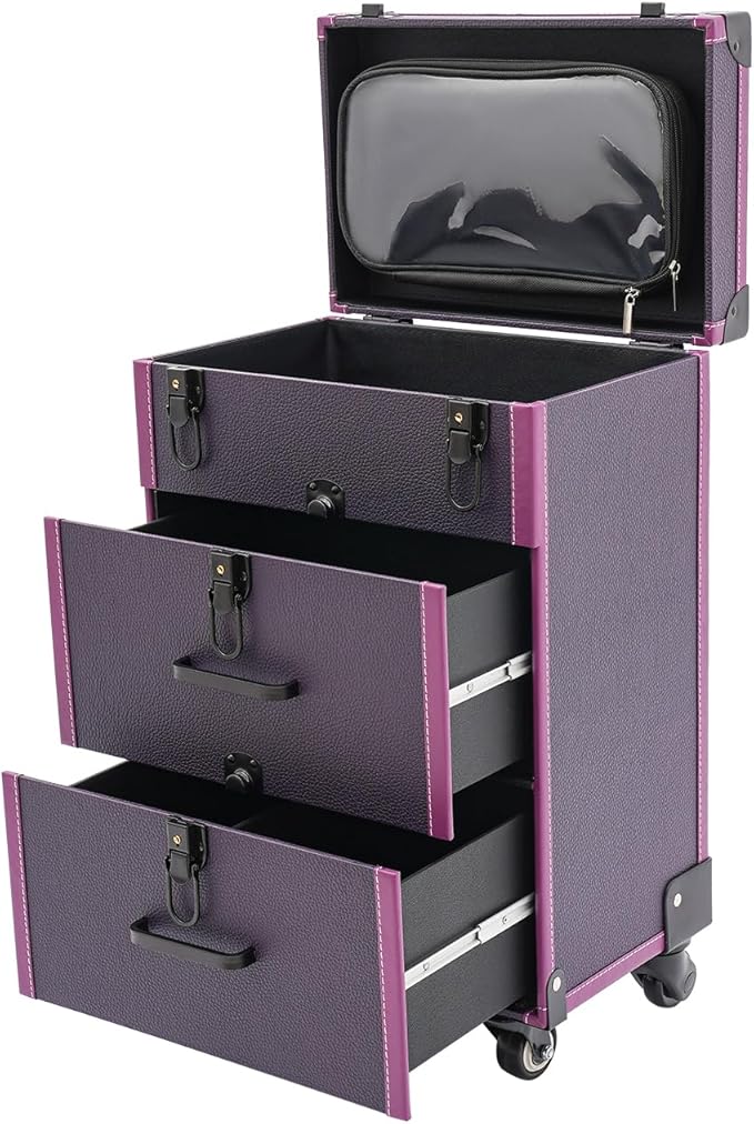Rolling Makeup Case w/ 4 Keys, 3-tier Lockable Makeup Train Case w/ Drawers, Detachable Nail Polish Organizer, Wheeled Travel Cosmetic Case w/ 3-gear Telescopic Rod, 14.1*9*22.4in, Black Latch+Purple