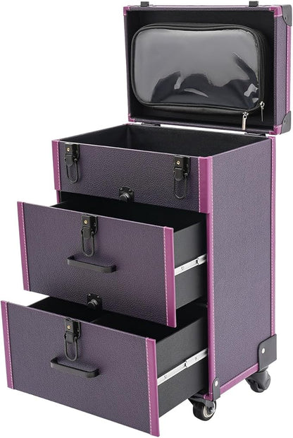 Rolling Makeup Case w/ 4 Keys, 3-tier Lockable Makeup Train Case w/ Drawers, Detachable Nail Polish Organizer, Wheeled Travel Cosmetic Case w/ 3-gear Telescopic Rod, 14.1*9*22.4in, Black Latch+Purple