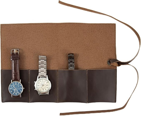 Leather Watch Roll Organizer with 4 Slots,Heavy Duty Waterpoof Watch Storage Box Pouch&Band Storage,Jewelry Roll,Easy Carry On Watchlover Storage,Handmade Ideal for Travel&Home Use,Watch Travel Case