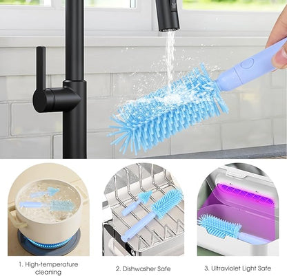 Portable 7-in-1 Baby Bottle Brush Set, Travel Cleaner Kit for Travel and Home, All-in-One Travel Baby Bottle Washing Kit: Integrated Cleaning & Drying System for Bottles and Breast Pump Parts (Blue)