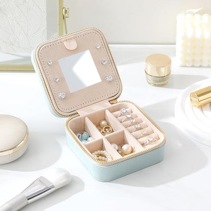 Genuine Leather Travel Jewelry Organizer Case with Mirror for Women, Small Mini Portable Jewelry Box for Earring, Ring, Necklace, Bracelet（White）