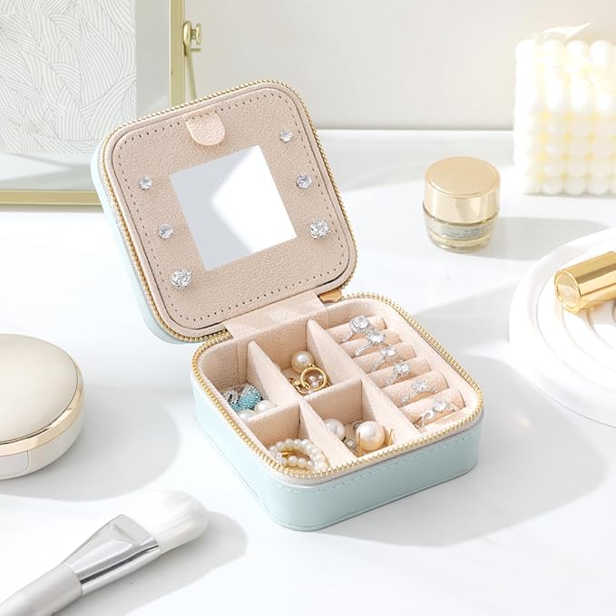 Genuine Leather Travel Jewelry Case Organizer with Mirror for Women, Small Jewelry Box Portable Mini Jewelry Case for Earring, Ring, Necklace, Bracelet(Lilac)